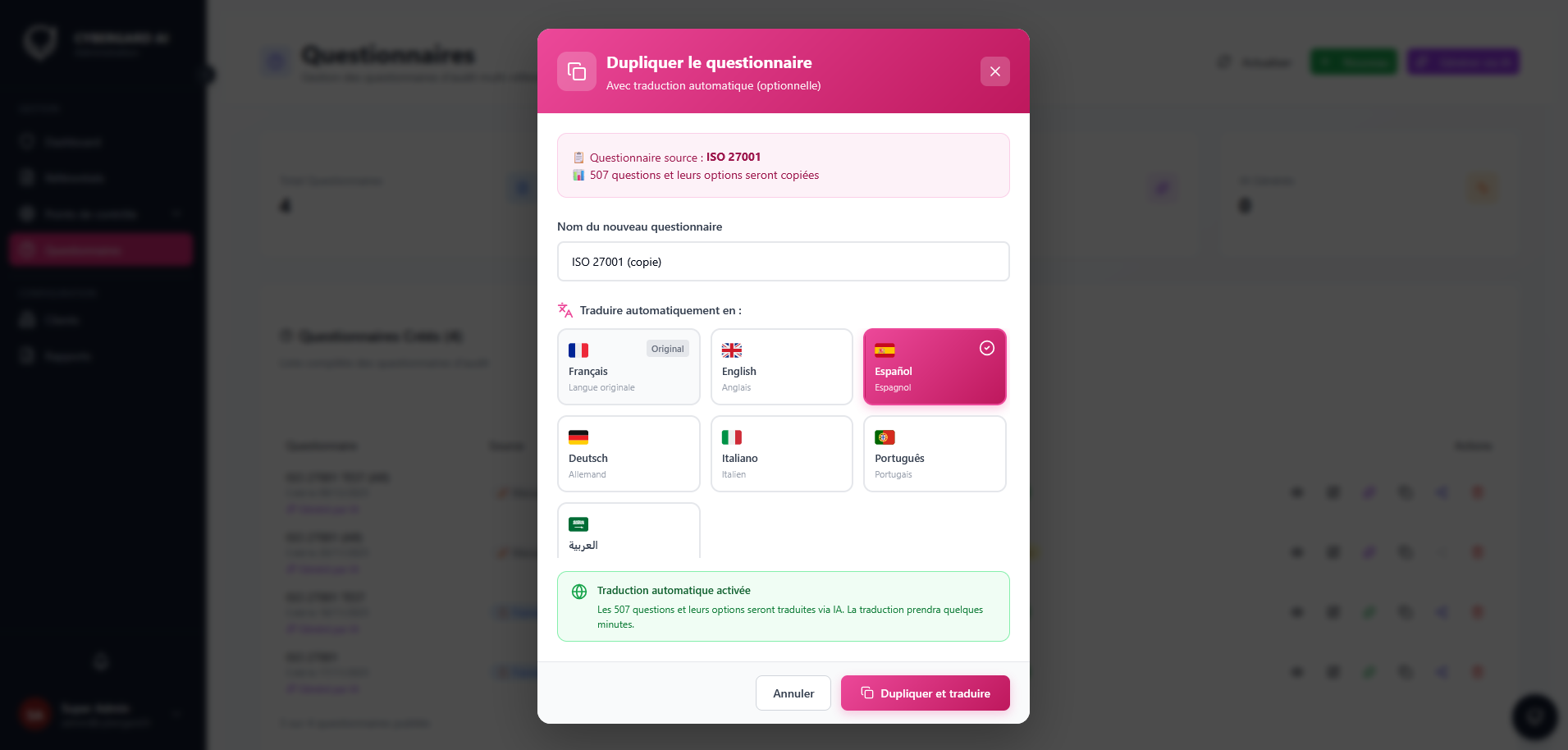 Duplication multilingue d'un questionnaire